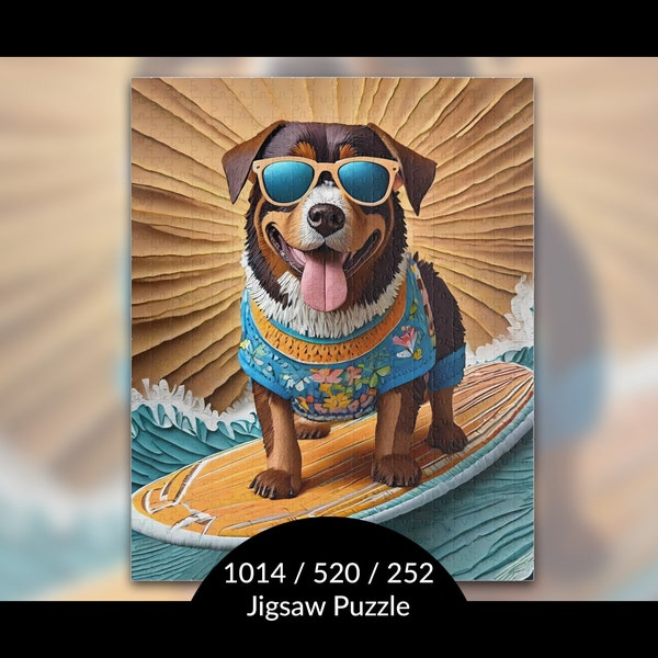 Surfing Rottweiler Dog Puzzle: Summer Stress Relief Activity for Rottie Mom, Unique Birthday Surfer Gift, AI Art Print, 252/520/1014pc
