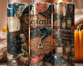 September Witchy Tumbler Wrap PNG 20oz Skinny Sublimation Ghost Black Cat Fall Lover Birthday Gift Dark Apothecary Gothic Autumn Decor