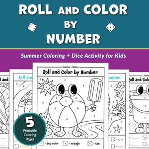 Pode incluir: Um livro para colorir imprimível com tema de verão para crianças. A capa diz "Roll and Color by Number" com ilustrações de dados. No interior, existem cinco páginas para colorir com bolas de praia, picolés e outras imagens de verão.