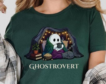 Cozy Bookish Ghost Shirt for Introvert Book Lover Gift Cat Mom Coffee Tshirt Funny Paranormal Tee for Bookworm Friend Ghostrovert Shirt