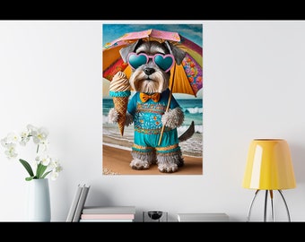 Mini Schnauzer Dog Poster: Cute Summer Vibes Wall Art for Beach House, Unique Present for New Dog Mom, Whimsical Animal Decor, AI Art Print