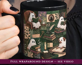 Ghost Book Club Mug Haunted Library Gothic Storybook Collage Coffee Cup Cozy Cat Reading Book Lover Gift for Bookish Librarian Witch Dog Mom