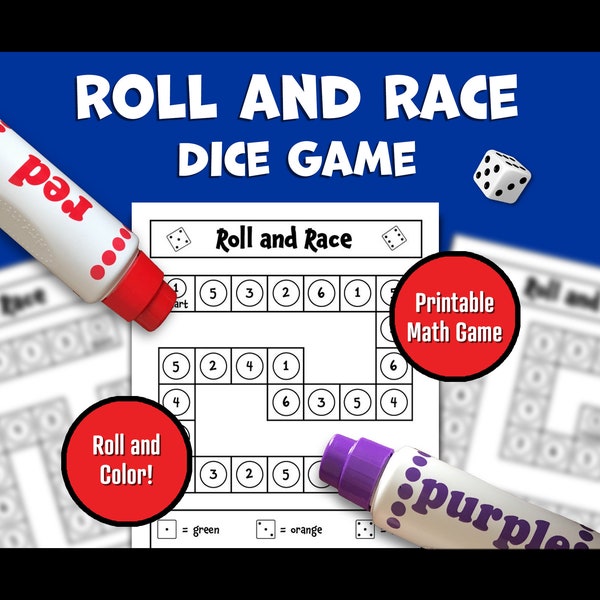 Printable Roll and Race Dice Game: Fun Color by Number Activity, Do a Dot Marker Matching Game, Math Center Classroom Activity