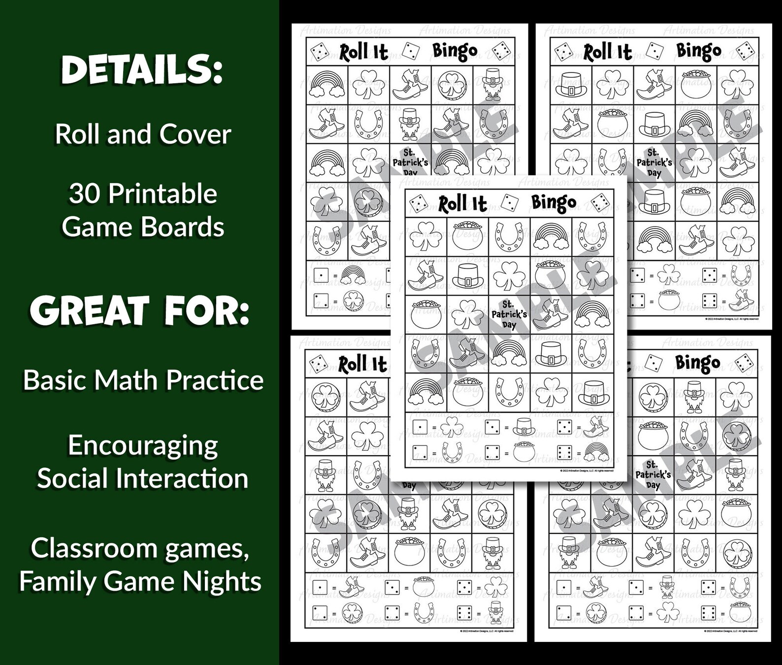 St Patricks Day Printable Games, Kids Color by Number, Roll and Race