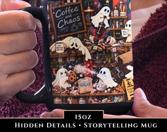 Coffee and Chaos Ghost Coffee Mug Haunted Cafe Spooky Coffee Cup Funny Paranormal Lover Gift for Barista Friend