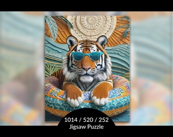 Bengal Tiger Puzzle: Summer Vibes Stress Relief Activity for Big Cat Lover, Whimsical Wild Animal Wall Decor, AI Art Print, 252/520/1014pc