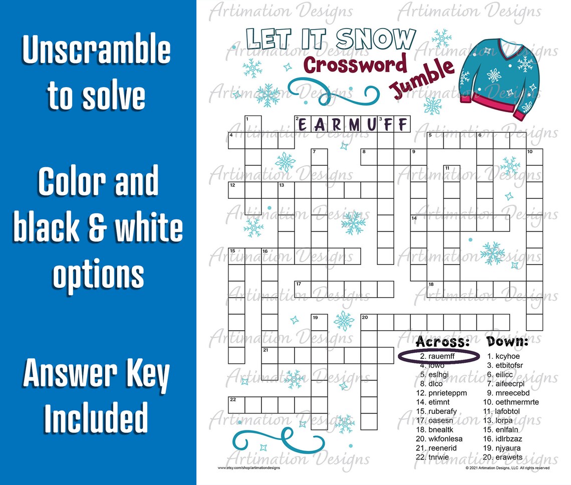 Printable Winter Word Games for Kids Winter Crossword Puzzle Etsy