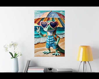 Cute Leopard Gecko on Beach Poster: Cool Summer Vibes Wall Decor, Unique Gift for Reptile Lover, Whimsical Lizard Peace Hand Sign, AI Art