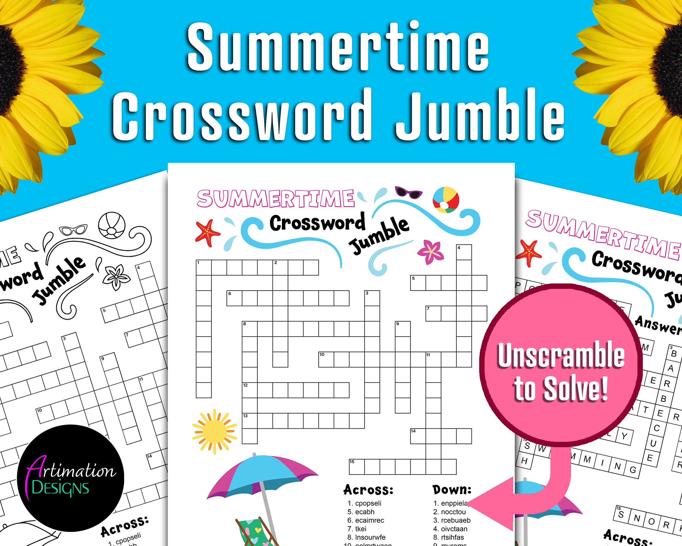 printable summer crossword puzzle for kids summertime word etsy canada