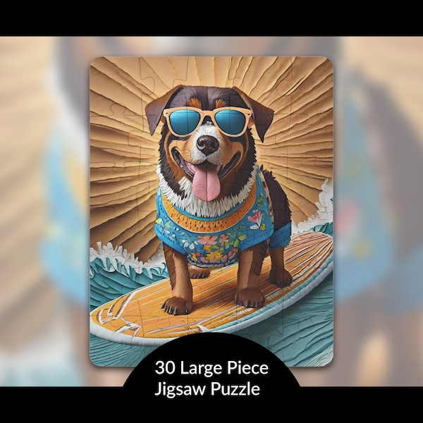 Surfing Rottweiler Dog Puzzle: Kids Summer Break Activity, Stress Relief Educational Toy, Unique Birthday Gift Idea, AI Art Print, 30 Piece