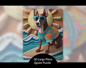 Surfing Doberman Pinscher Dog Puzzle: Cute Summer Activity for Kids, Unique Dog Mom Surfer Gift, Stress Relief Educational Toy, AI Art, 30pc