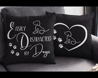 Easily Distracted by Dogs Couch Pillow: Cute Fur Mama Mothers Day Present, Pet Owner Gift Idea for Canine Lover, Paw Print Home Decor