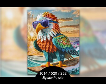 Surfing Bald Eagle Bird Puzzle: Summer Vibes Stress Relief Activity, Unique Birthday Gift for Surfer, Colorful AI Art Print, 252/520/1014 pc