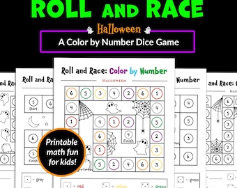 Halloween Roll and Race Dice Game Kids Color by Number Printable Math Center Activity Fall Classroom Party Roll and Cover Matching Game