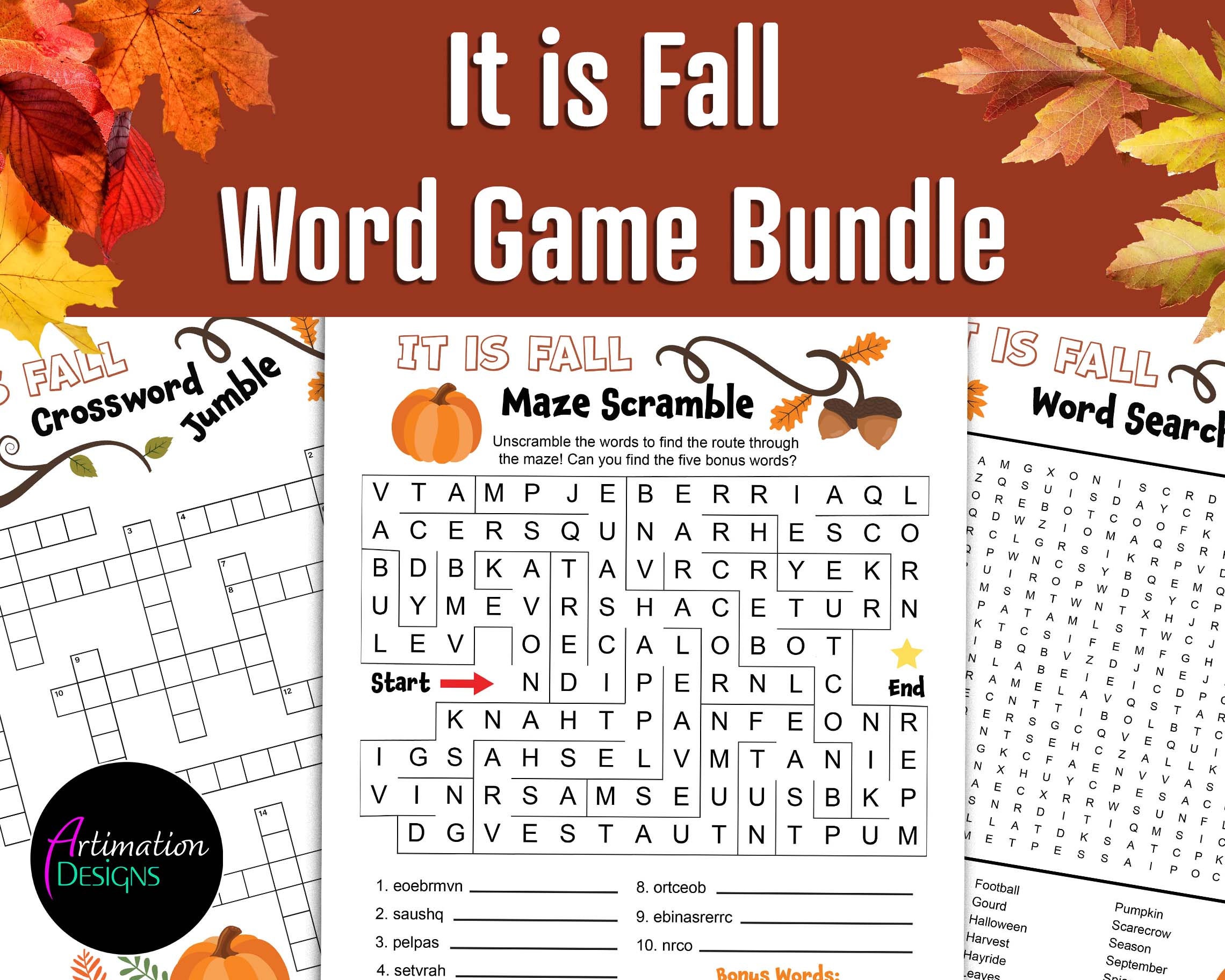 printable fall word games autumn crossword puzzle fall word etsy sweden