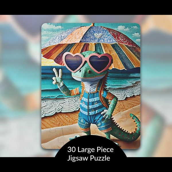 Cute Leopard Gecko Puzzle: Summer Vibes Kids Educational Activity, Unique Birthday Gift for Reptile Lover, Peace Hand Sign, AI Art, 30pc