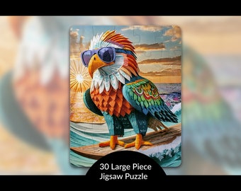 Surfing Bald Eagle Bird Puzzle: Kids Summer Vibes Educational Toy, Unique Present for Bird Lover, Stress Relief Activity, AI Art Print