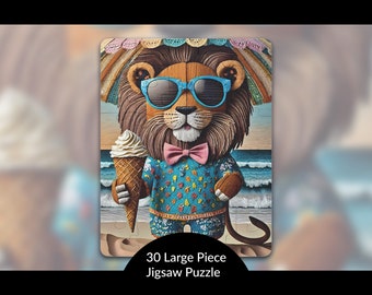 Cute Lion Puzzle: Kids Summer Fun Educational Toy, Unique Present for Big Cat Lover, Stress Relief Activity, AI Art Print, 30-Piece