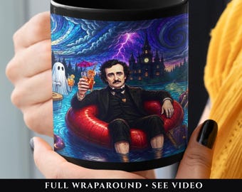 Edgar Allan Poe Mug Summerween Ghost Pool Party Summer Bigfoot Coffee Cup Mystery Book Reader and Gothic Writer Gift for Paranormal Lover