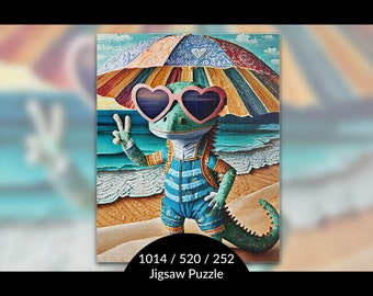 Cute Leopard Gecko Puzzle: Summer Vibes Mindful Activity, Unique Birthday Gift for Reptile Lover, Peace Hand Sign, AI Art, 1014/520/252pc