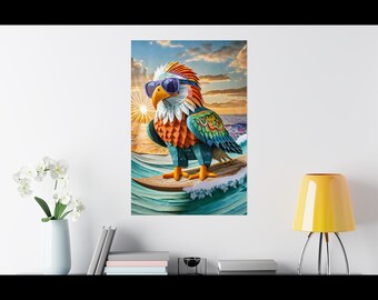 Surfing Bald Eagle Poster: Colorful Summer Vibes Wall Decor, Cool Surfer Gift, Unique Birthday Present for Bird Lover, AI Art Print