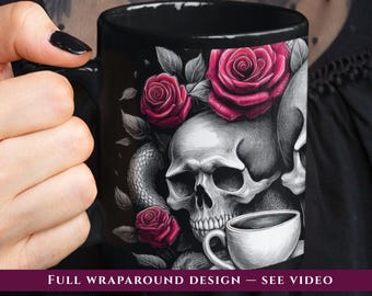 Skull with Roses Gothic Coffee Mug Dark Academia Bookish Goth Gift for Spooky Tea Time Party Dark Romance Cup for Witchy Book Lover