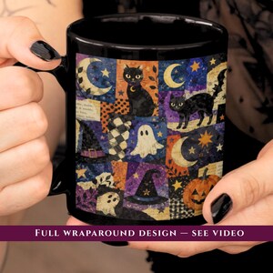 Vintage Halloween Collage Mug Spooky Cute Ghost Cozy Fall Coffee Cup Whimsical Black Cat Lover Mom Gift for Bookish Witch October Birthday