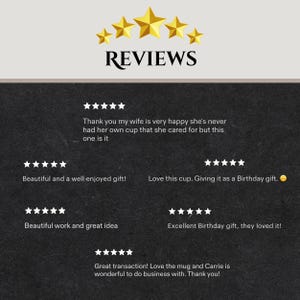 May include: A graphic display of five-star customer reviews on a dark textured background. The text includes: Thank you my wife is very happy, Beautiful and a well enjoyed gift, Love this cup, Beautiful work and great idea, Excellent Birthday gift, and Great transaction.