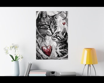 Cat Mom and Kitten Poster: Unique Mother's Day Gift for Cat Lover, Chic Black and White Love Artwork, Cute Animal Wall Decor, AI Art Print