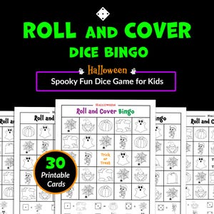 May include: A set of 30 printable Halloween Roll and Cover Dice Bingo cards featuring black and white line art illustrations of ghosts, pumpkins, spiders, and gnomes. The game sheets include a grid layout with dice icons and text labels.