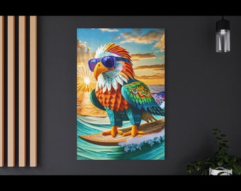 Surfing Bald Eagle Canvas Wall Art: Colorful Summer Vibes Wall Decor, Cool Surfer Gift, Unique Birthday Present for Bird Lover, AI Art Print