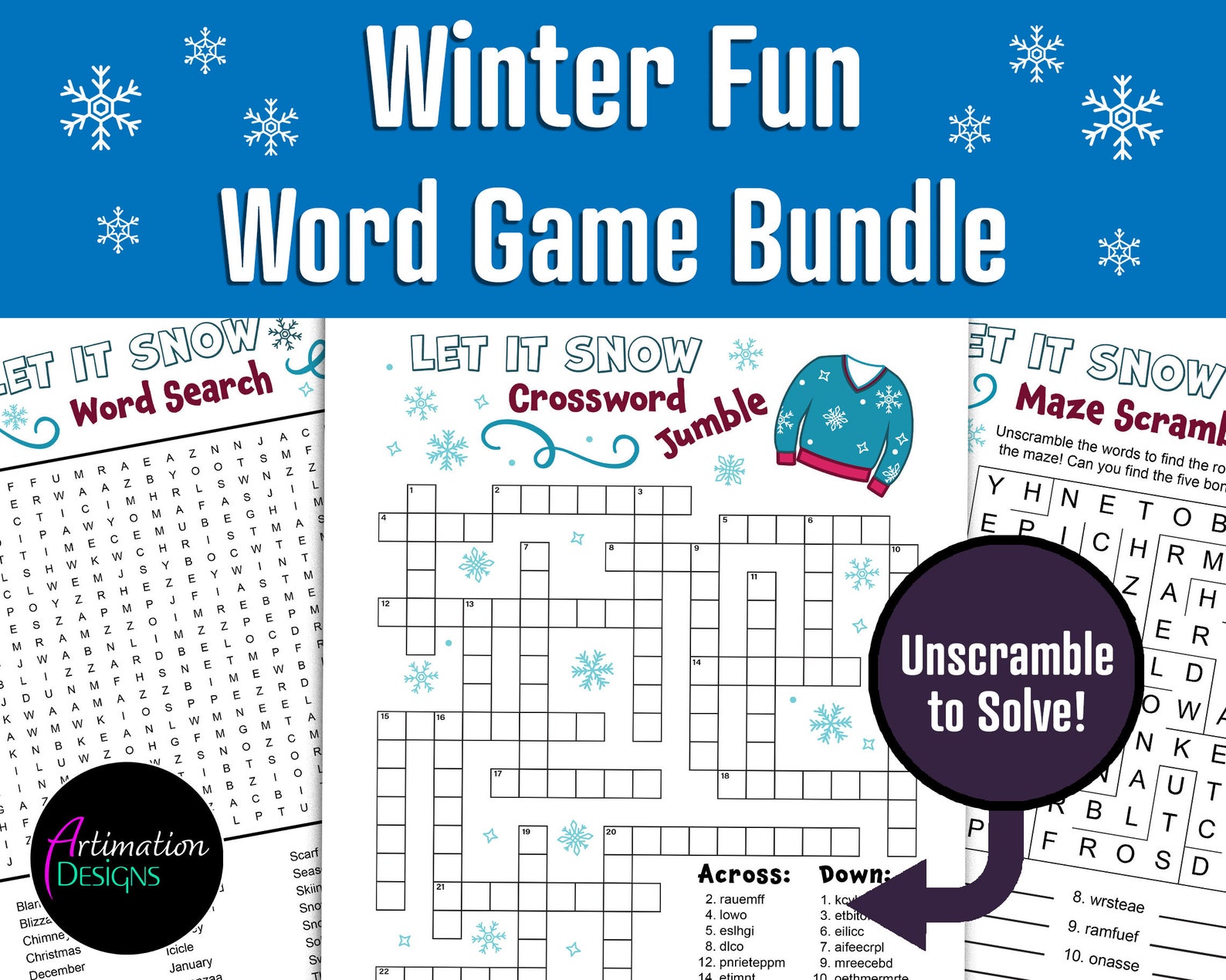 Printable Winter Word Games for Kids Winter Crossword Puzzle Etsy