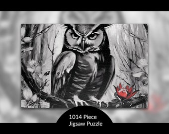 Great Horned Owl Puzzle: Unique Birthday Gift for Bird Watcher, Stress Relief Activity, Bird of Prey, Black and White AI Art, 1014pc