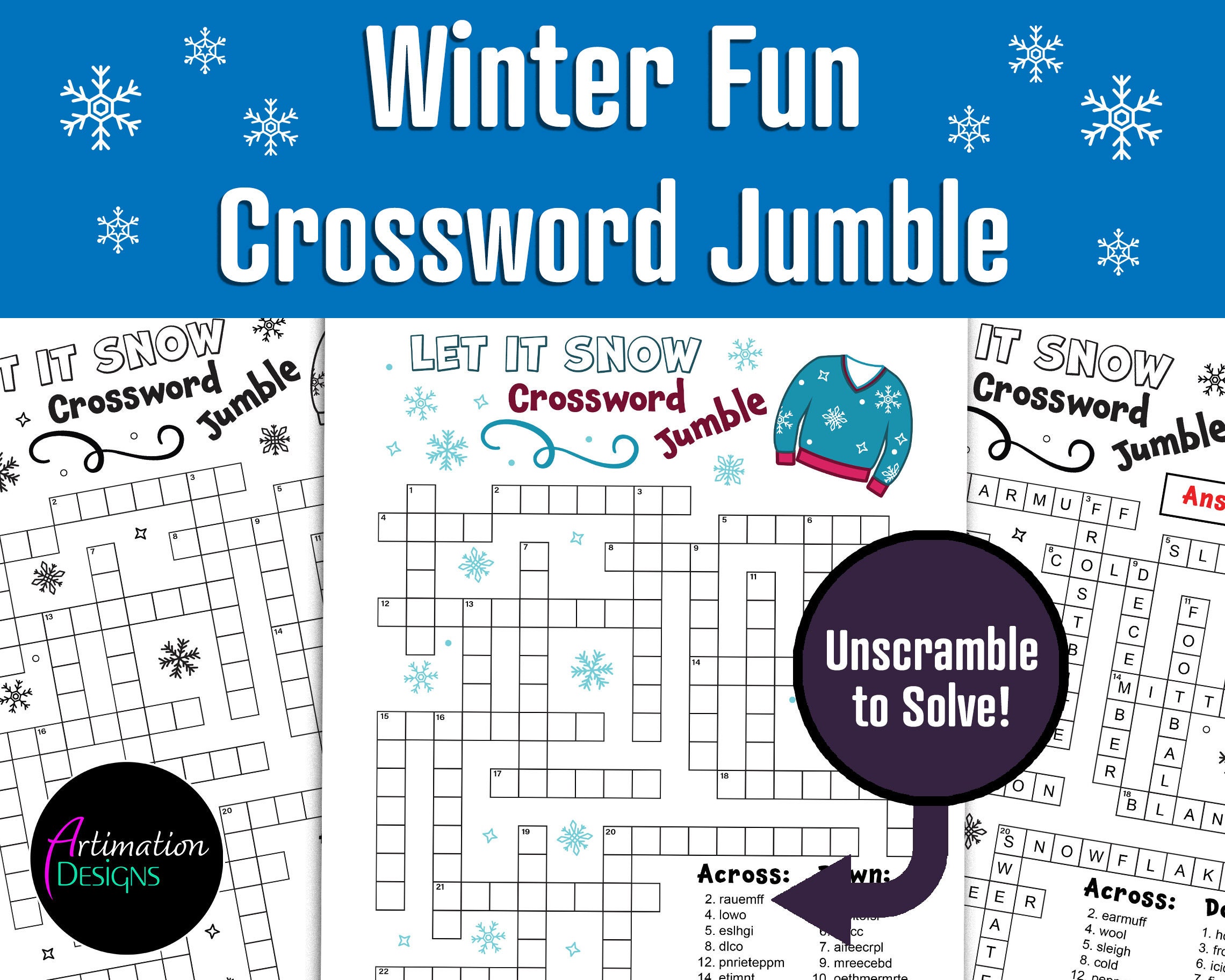 printable winter crossword puzzle for kids winter word etsy