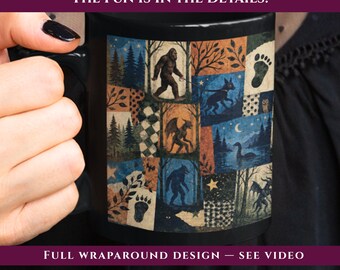 Cryptid Collage Mug Bigfoot Coffee Cup Sasquatch Footprint Gift Cryptozoology Mothman Cryptidcore Décor Gift for Outdoor Nature Lover