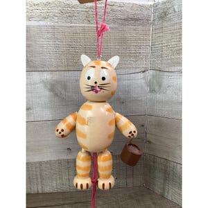 Vintage Style Wooden Jumping Jack Cat Pull String Toy Orange Tabby Hand Painted