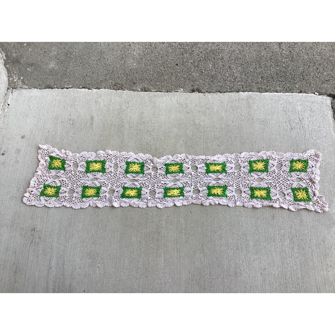 Vintage Handmade Crochet Lace Table Runner Pink Green Yellow Granny ...