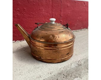 Antique Copper Tea Kettle Vintage Farmhouse Decor Wood Handle Ceramic Finial