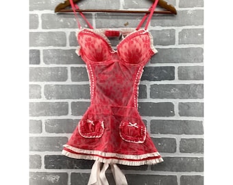 Vintage Victorias Secret Pink Lace Apron Babydoll Chemise Lingerie 34B Bows