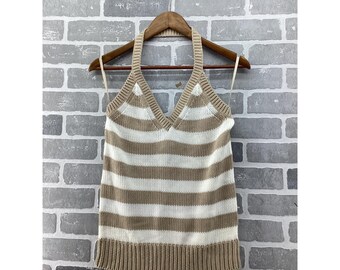 Old Navy Womens Tan White Striped Knit Halter Top V-Neck Cotton Sweater Tank L