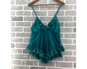 Vintage Teal Green Lace Ruffle Babydoll Chemise Sheer Mesh Lingerie Top Large