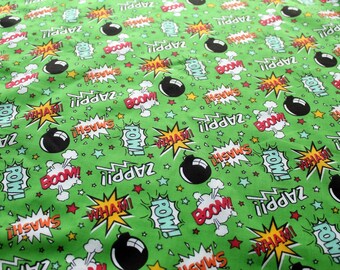 Craft Fabric, Green Bam Pow Print Polycotton
