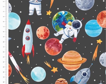 Into the Galaxy 100% Cotton Fabric, Sewing Fabric, Quilting Fabric, Mixed Media, Astronauts, Planets, Spaceships