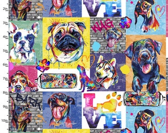 Graffiti Dog Print 100% Cotton Fabric, Sewing Fabric, Quilting Fabric, Mixed Media