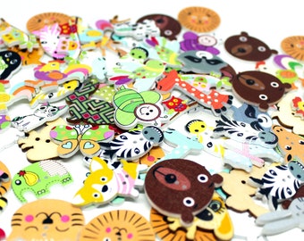 20 Wooden Animal Buttons Mix, Children's Buttons, Scrapbooking, Sewing, Arts and Crafts