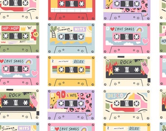 Retro Cassette Tapes Fabric, 100% Cotton Fabric, Quilting Fabric, Children's Fabric, Nursery Fabric,