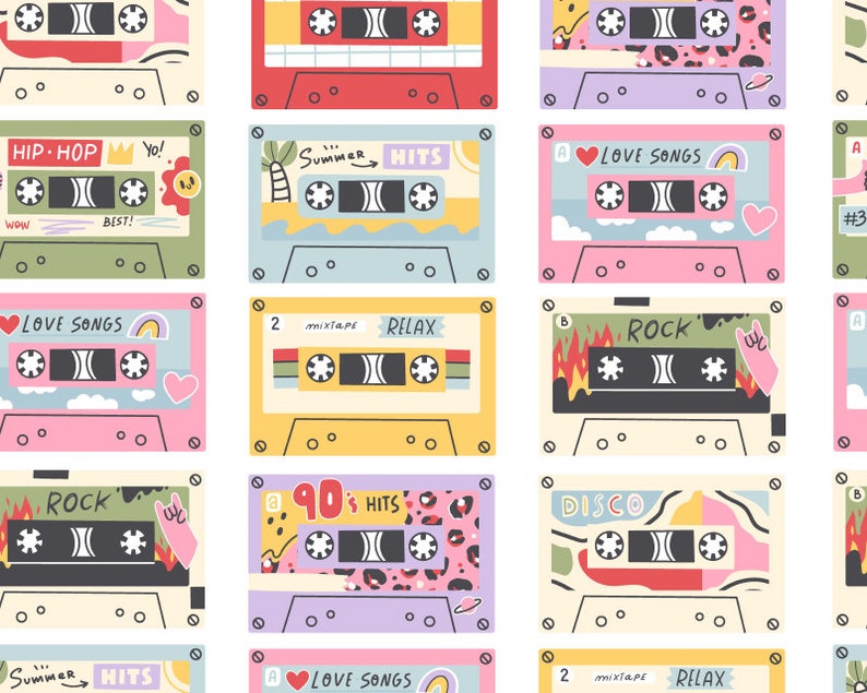 Retro Cassette Tapes Fabric, 100% Cotton Fabric, Quilting Fabric, Children's Fabric, Nursery Fabric, image 1