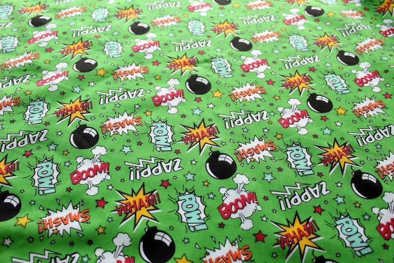 Craft Fabric, Green Bam Pow Print Polycotton