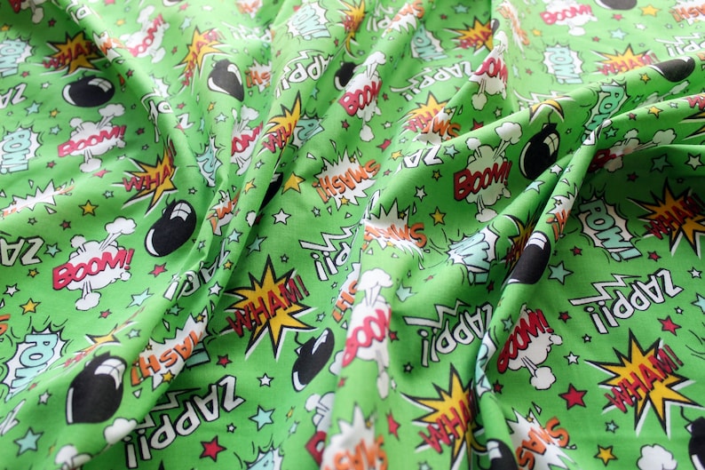 Craft Fabric, Green Bam Pow Print Polycotton