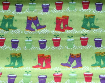 Wellies and plant pots 100% Cotton Fabric, Summer Fabric, Sewing Fabric